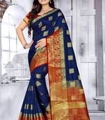 Blue printed banarasi silk saree with blouse