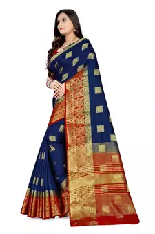 Blue printed banarasi silk saree with blouse