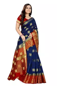 Blue printed banarasi silk saree with blouse