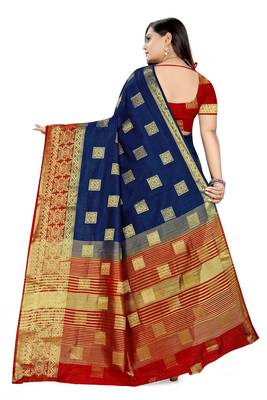 Blue printed banarasi silk saree with blouse 4