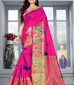 Pink printed cotton silk saree with blouse