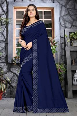 Blue plain silk saree with blouse 1
