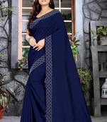 Blue plain silk saree with blouse