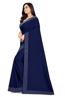 Blue plain silk saree with blouse 2