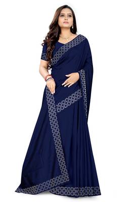 Blue plain silk saree with blouse 3