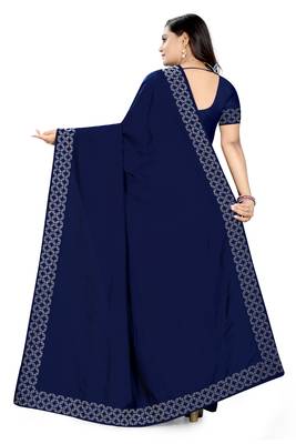 Blue plain silk saree with blouse 4
