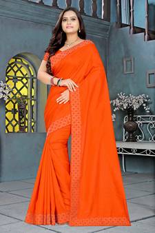 Orange plain silk saree with blouse