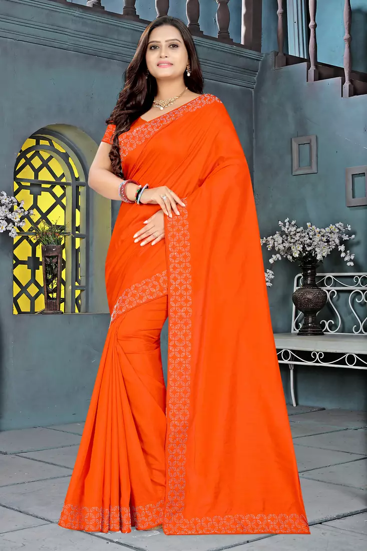 Orange plain silk saree with blouse