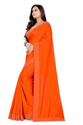 Orange plain silk saree with blouse 2