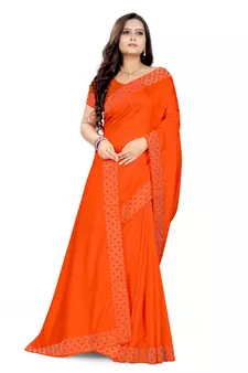 Orange plain silk saree with blouse