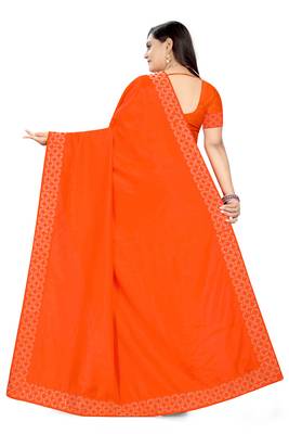 Orange plain silk saree with blouse 4
