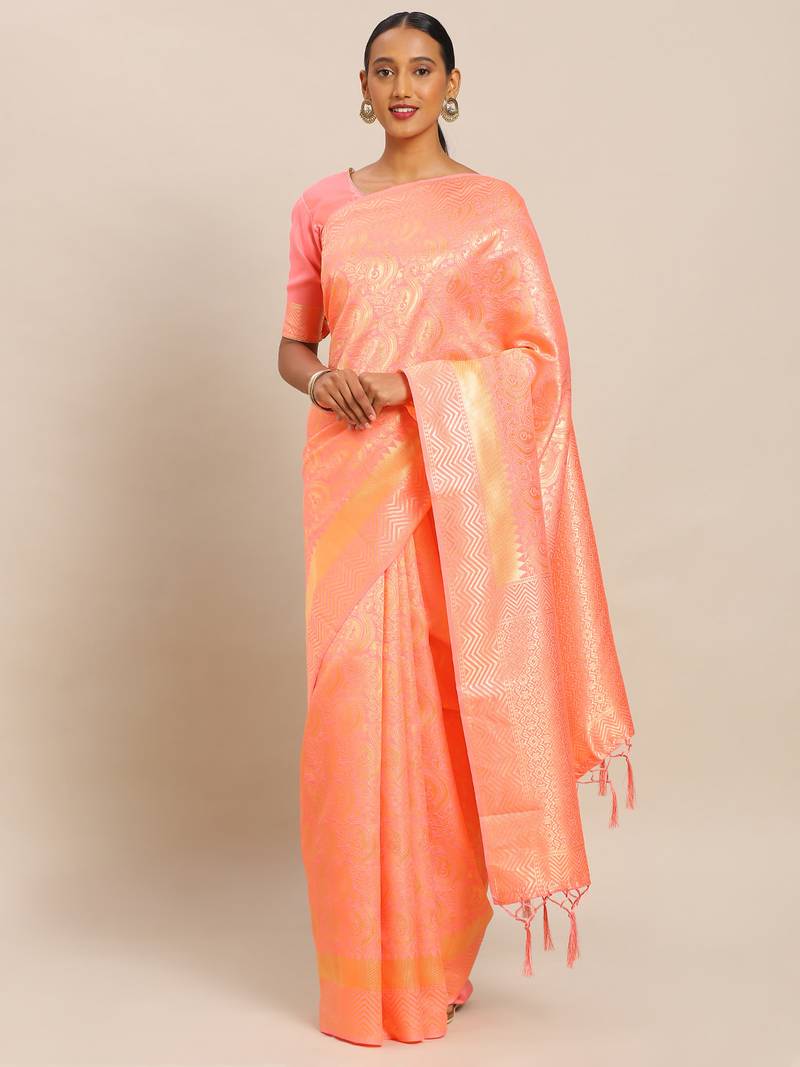 Peach woven silk blend saree with blouse