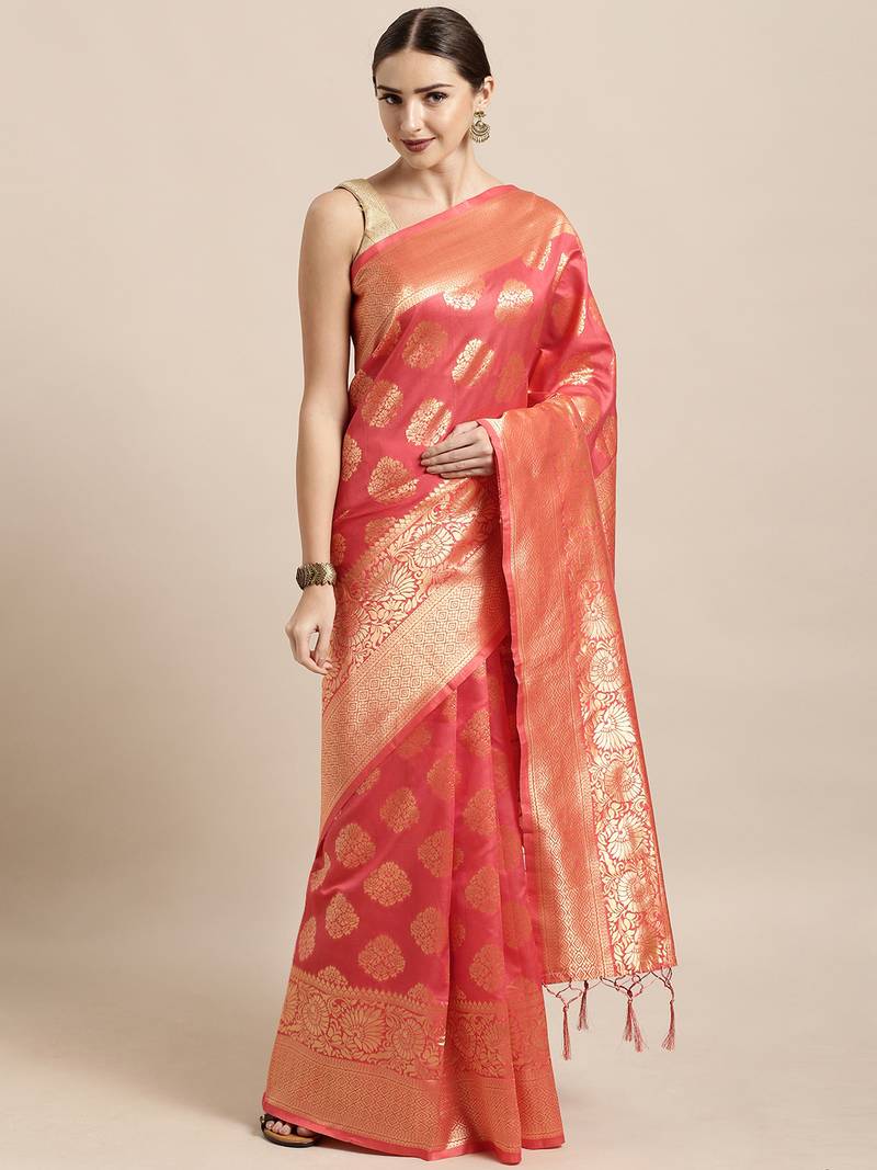 Peach woven silk blend saree with blouse
