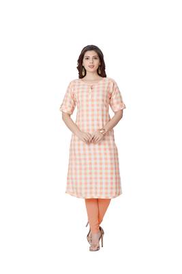 women Orange Semi linen Half Sleeves Kurti 1