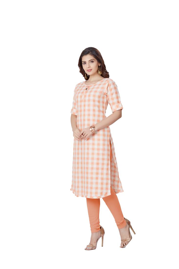 women Orange Semi linen Half Sleeves Kurti