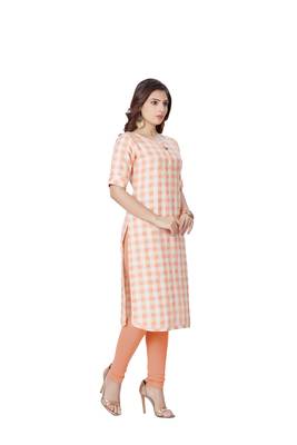 women Orange Semi linen Half Sleeves Kurti 4
