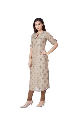 women Beige Georgette quarter Sleeves Kurti 2