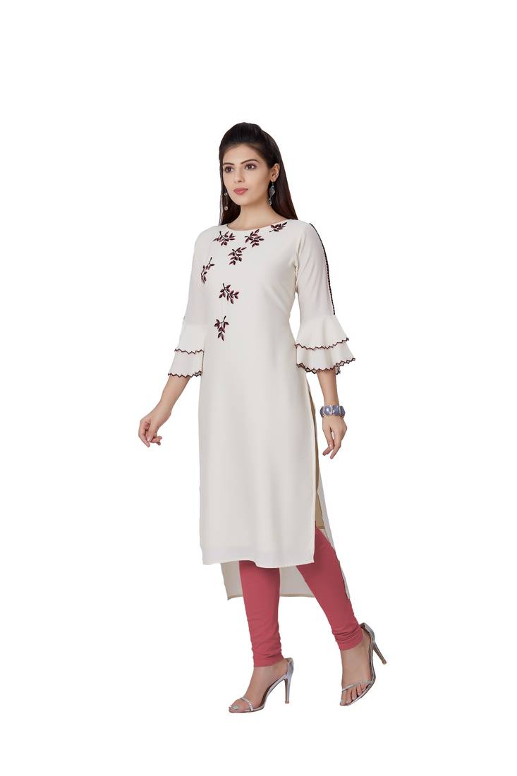 women Cream Imported Fabric Half Sleeves Kurti