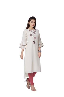 women Cream Imported Fabric Half Sleeves Kurti 4