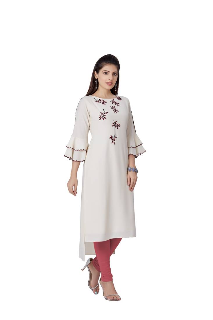 women Cream Imported Fabric Half Sleeves Kurti