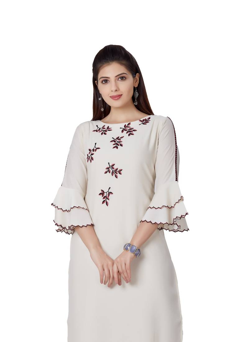 women Cream Imported Fabric Half Sleeves Kurti