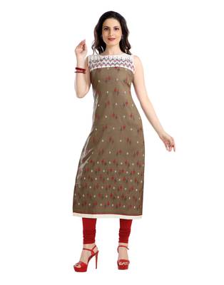 women Straight Embroidered Rayon Beige Kurti 1