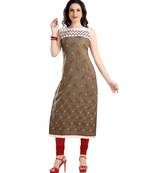 women Straight Embroidered Rayon Beige Kurti