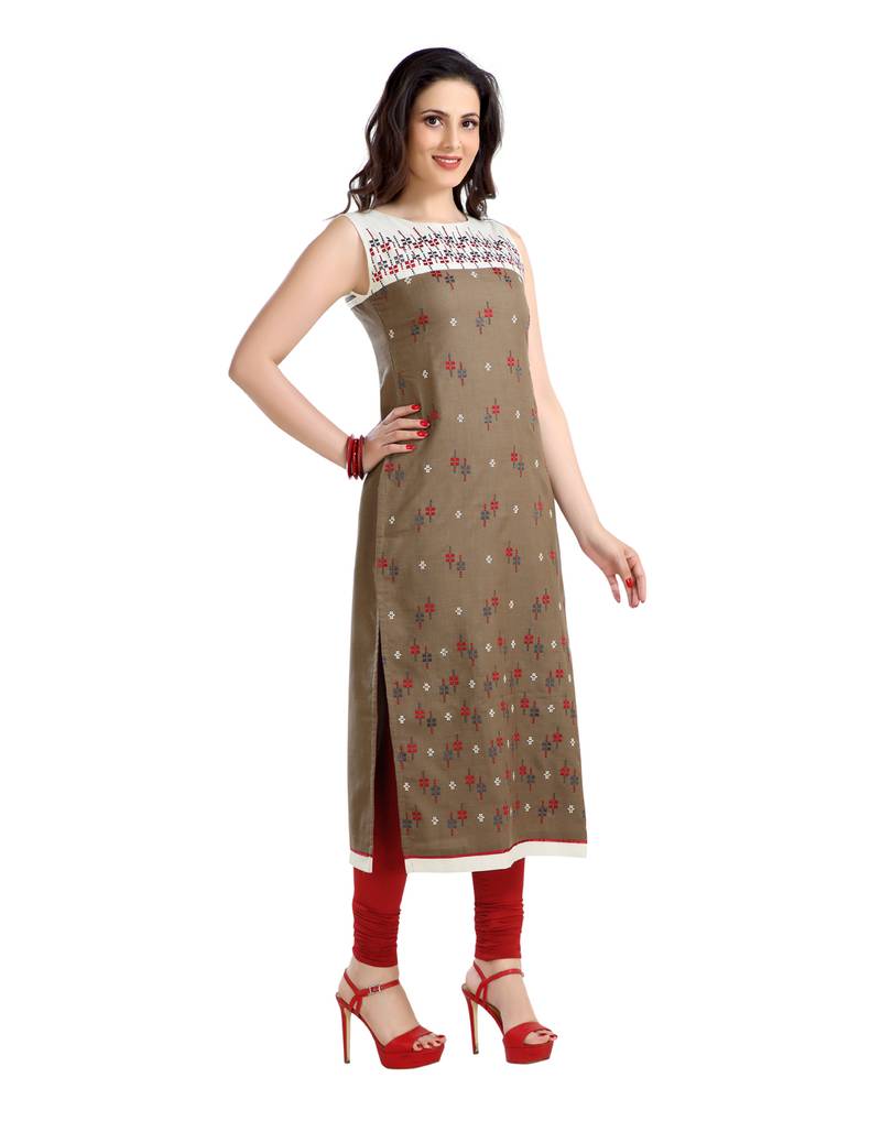 women Straight Embroidered Rayon Beige Kurti