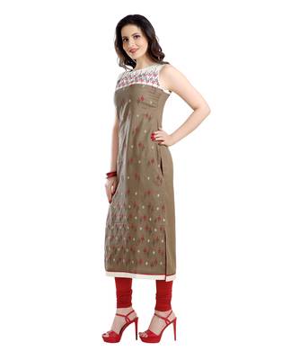 women Straight Embroidered Rayon Beige Kurti 3