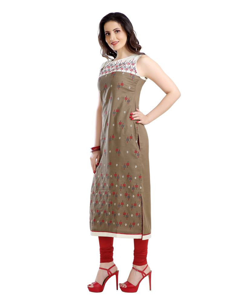 women Straight Embroidered Rayon Beige Kurti