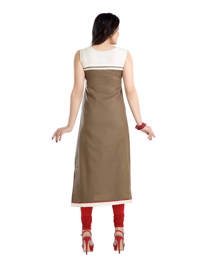 women Straight Embroidered Rayon Beige Kurti