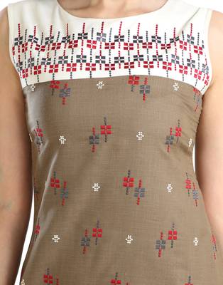 women Straight Embroidered Rayon Beige Kurti 5