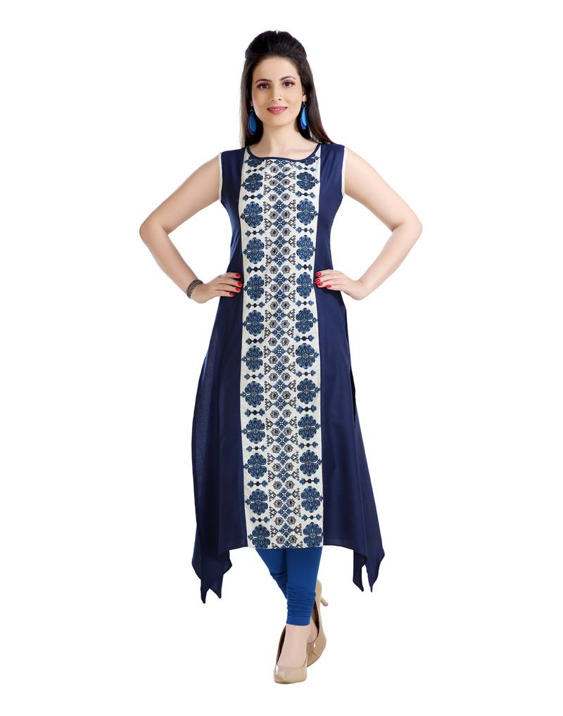 women Straight Embroidered Modal Blue Kurti