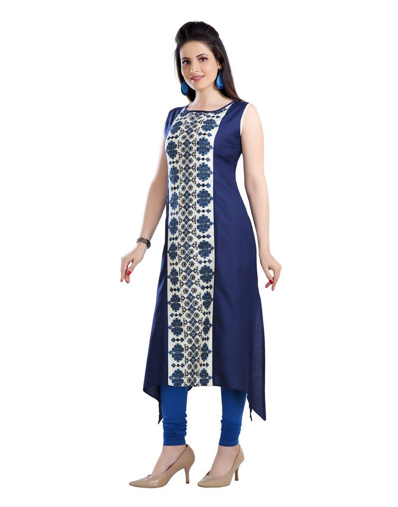 women Straight Embroidered Modal Blue Kurti
