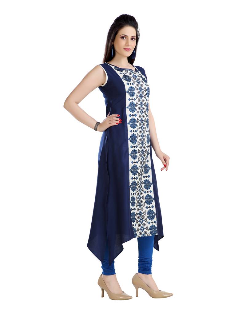women Straight Embroidered Modal Blue Kurti