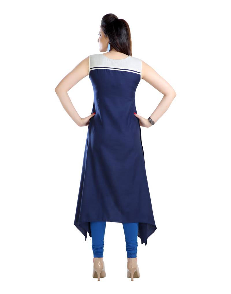 women Straight Embroidered Modal Blue Kurti