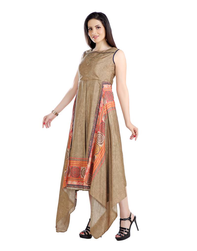 women Straight Printed Silk Gold Kurti