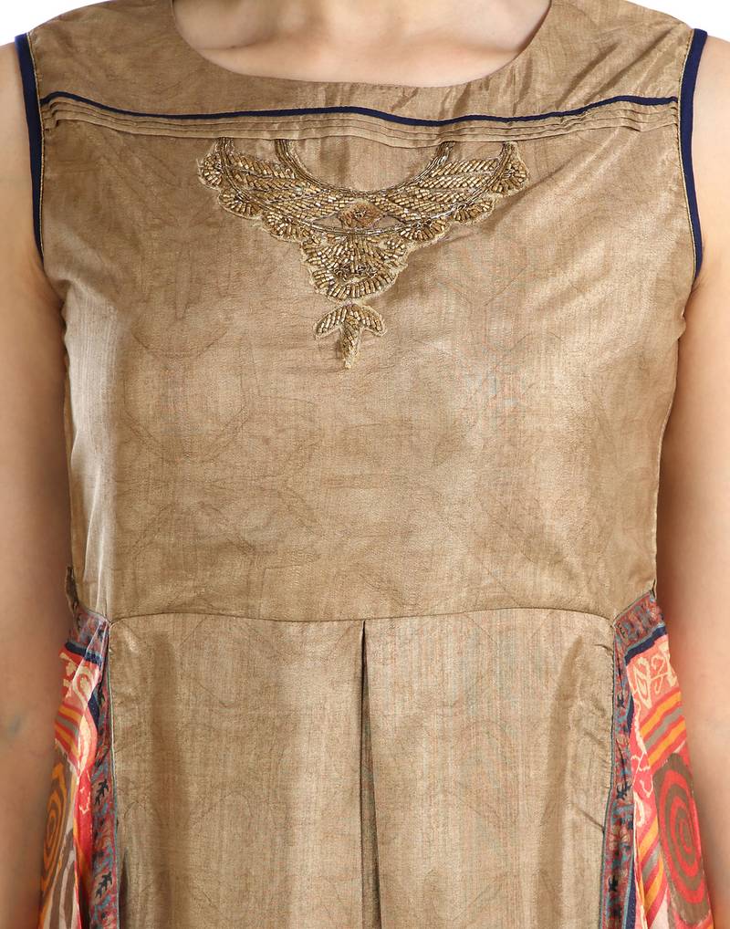 women Straight Printed Silk Gold Kurti