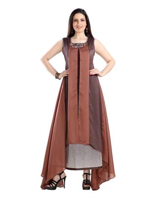 women Straight Embroidered Dupion Silk Brown Kurti 1