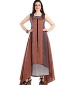 women Straight Embroidered Dupion Silk Brown Kurti
