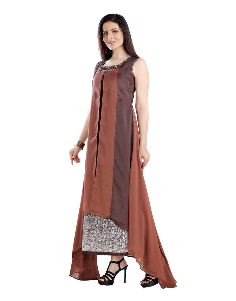 women Straight Embroidered Dupion Silk Brown Kurti