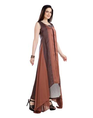 women Straight Embroidered Dupion Silk Brown Kurti 3
