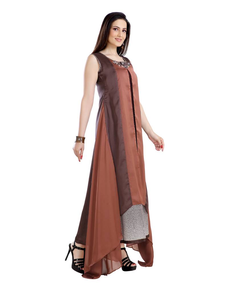 women Straight Embroidered Dupion Silk Brown Kurti