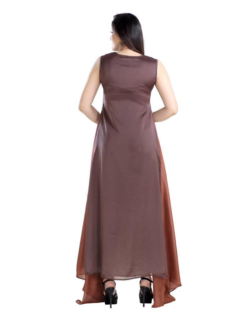 women Straight Embroidered Dupion Silk Brown Kurti