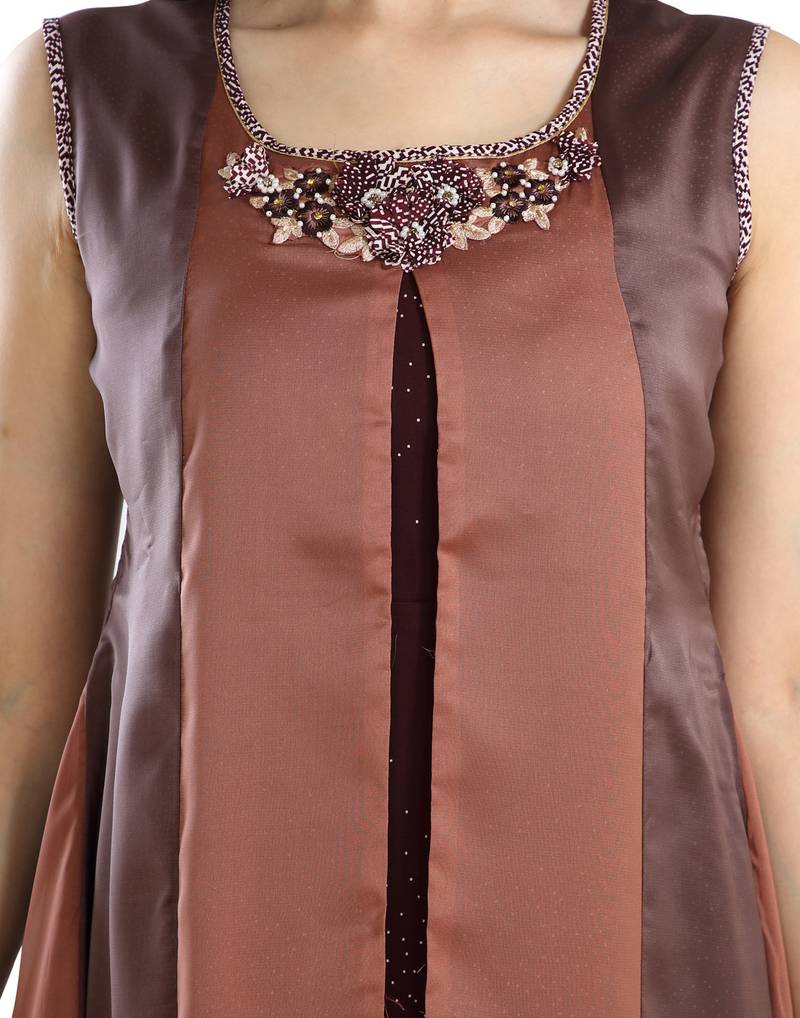 women Straight Embroidered Dupion Silk Brown Kurti