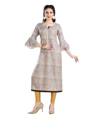 women Straight Embroidered Silk Beige Kurti 1