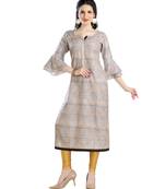 women Straight Embroidered Silk Beige Kurti