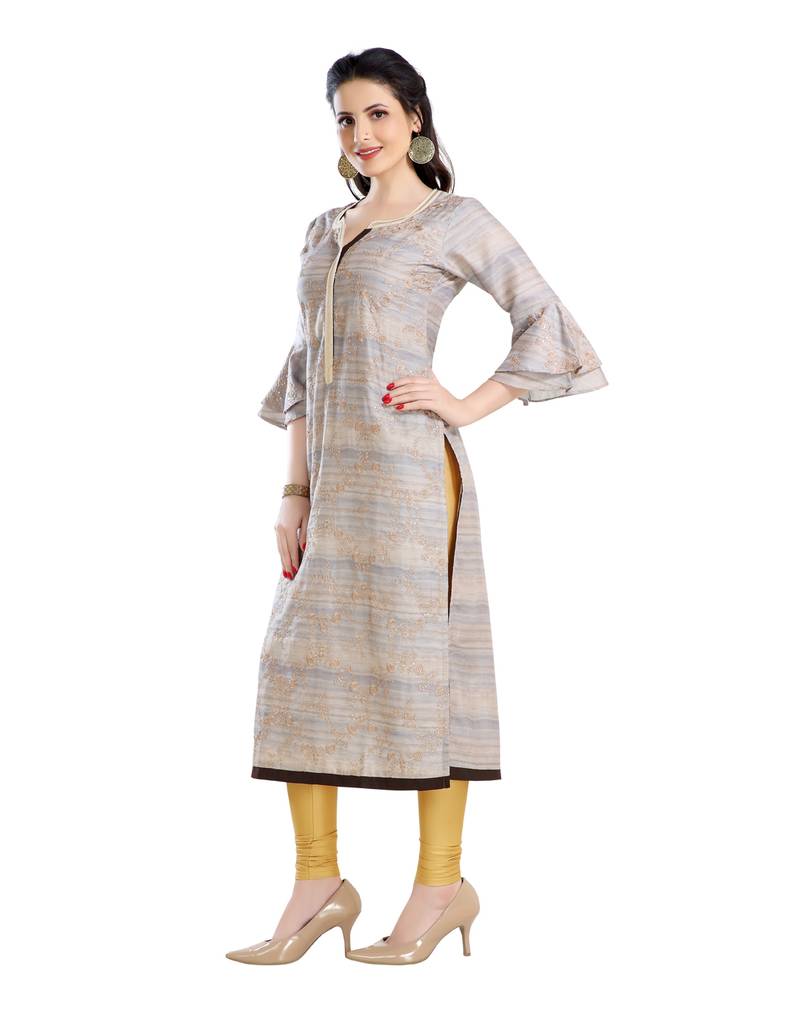 women Straight Embroidered Silk Beige Kurti