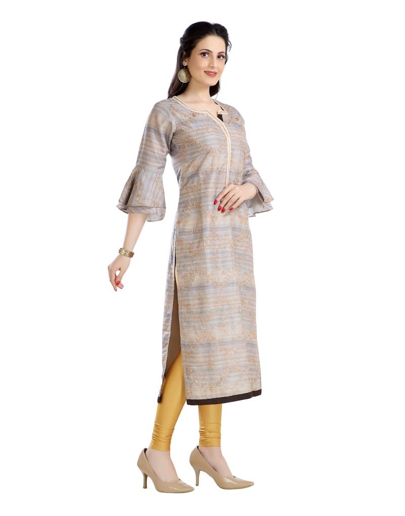 women Straight Embroidered Silk Beige Kurti
