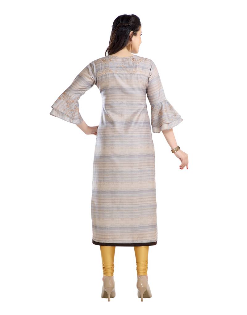 women Straight Embroidered Silk Beige Kurti